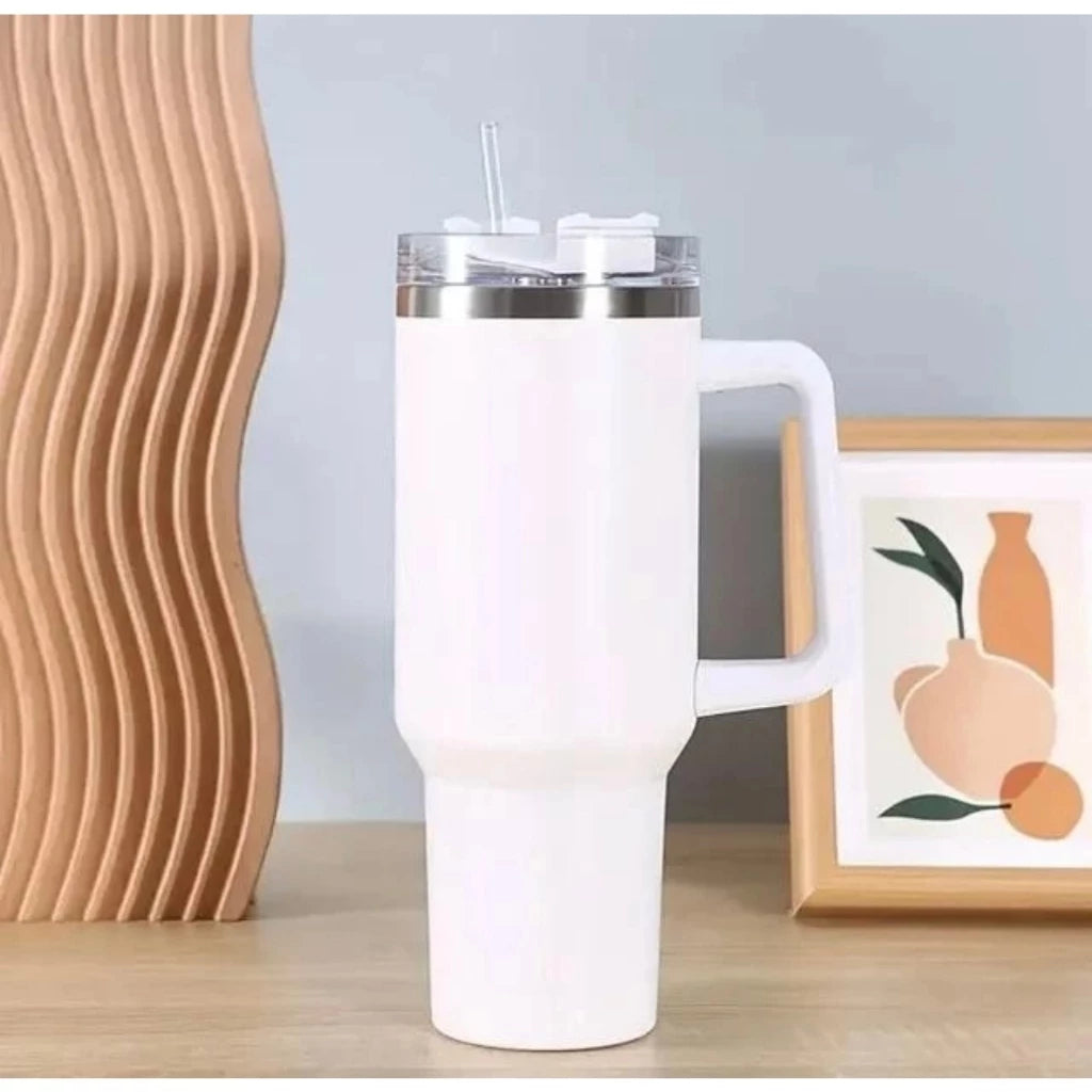 Copo Quencher Caneca Inox com Alça e Canudo (1200 ml) - Branco