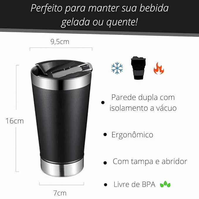 Copo Térmico Inox com TAMPA e ABRIDOR (473 ml) - Preto