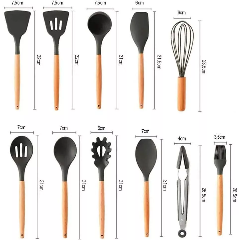 Conjunto de Utensílios de Cozinha 12Pçs - Silicone e Cabo de Madeira- Preto / Madeira