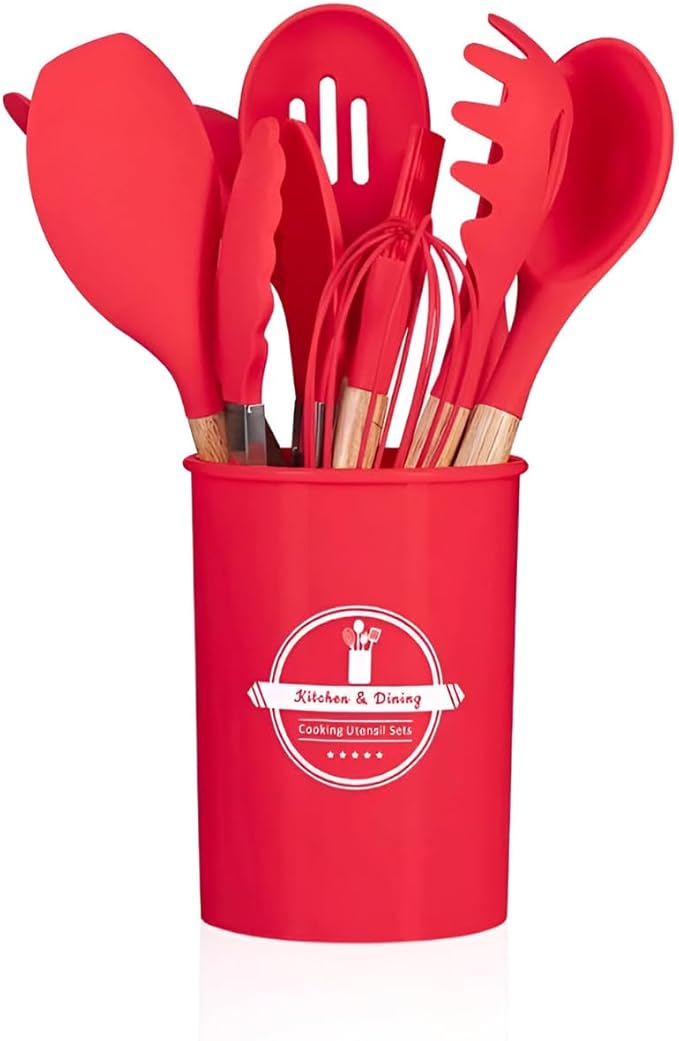 Conjunto de Utensílios de Cozinha 12Pçs - Silicone e Cabo de Madeira - Vermelho / Madeira