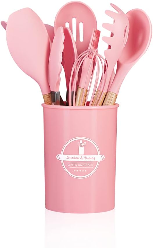 Conjunto de Utensílios de Cozinha 12Pçs - Silicone e Cabo de Madeira - Rosa/ Madeira