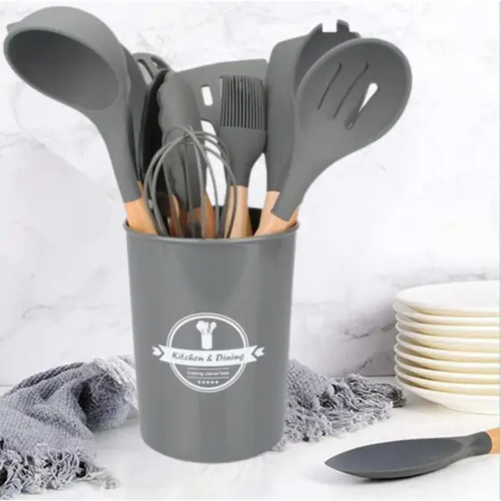 Conjunto de Utensílios de Cozinha 12Pçs - Silicone e Cabo de Madeira- Cinza/ Madeira