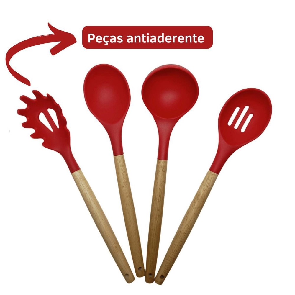 Conjunto de Utensílios de Cozinha 12Pçs - Silicone e Cabo de Madeira - Vermelho / Madeira