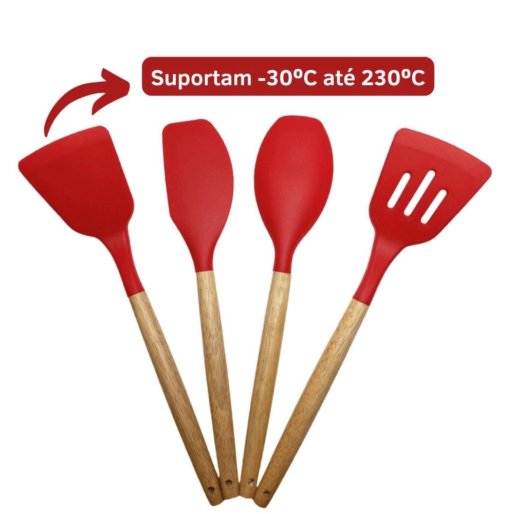 Conjunto de Utensílios de Cozinha 12Pçs - Silicone e Cabo de Madeira - Vermelho / Madeira
