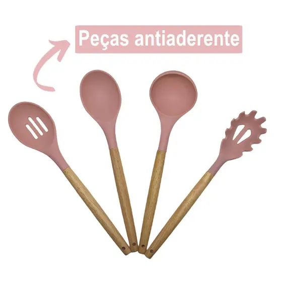 Conjunto de Utensílios de Cozinha 12Pçs - Silicone e Cabo de Madeira - Rosa/ Madeira