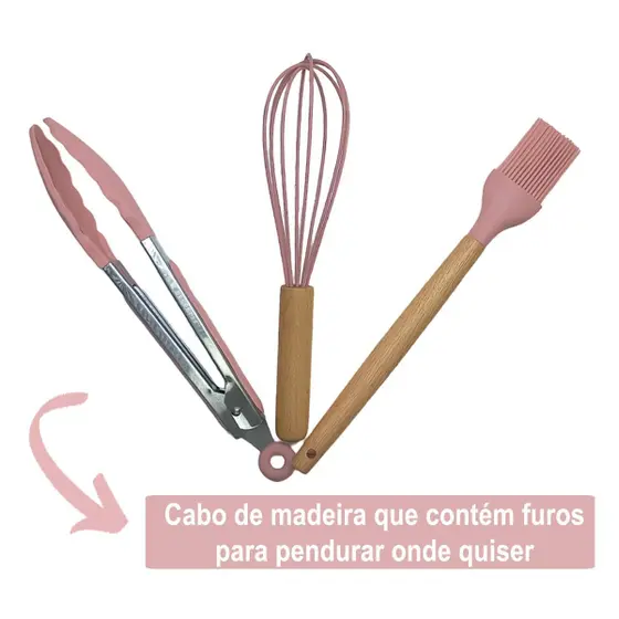 Conjunto de Utensílios de Cozinha 12Pçs - Silicone e Cabo de Madeira - Rosa/ Madeira