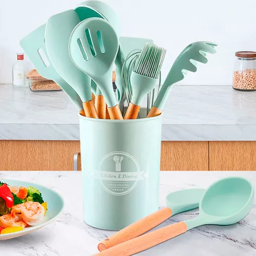 Conjunto de Utensílios de Cozinha 12Pçs - Silicone e Cabo de Madeira - Verde/ Madeira