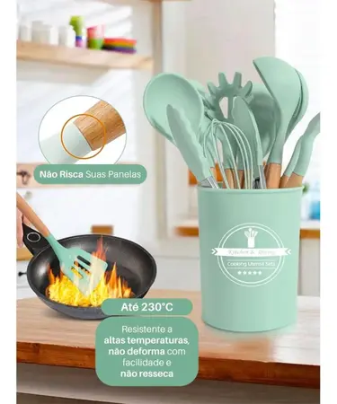 Conjunto de Utensílios de Cozinha 12Pçs - Silicone e Cabo de Madeira - Verde/ Madeira
