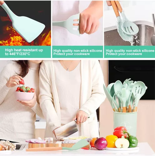 Conjunto de Utensílios de Cozinha 12Pçs - Silicone e Cabo de Madeira - Verde/ Madeira