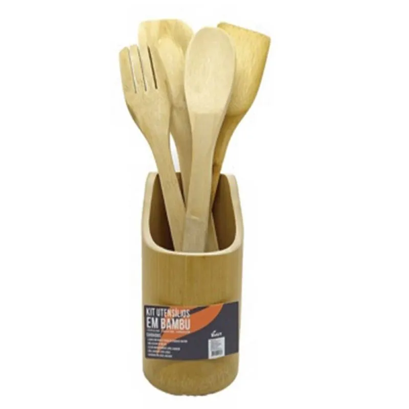 Kit Utensílios de Bambu 5pçs com Suporte