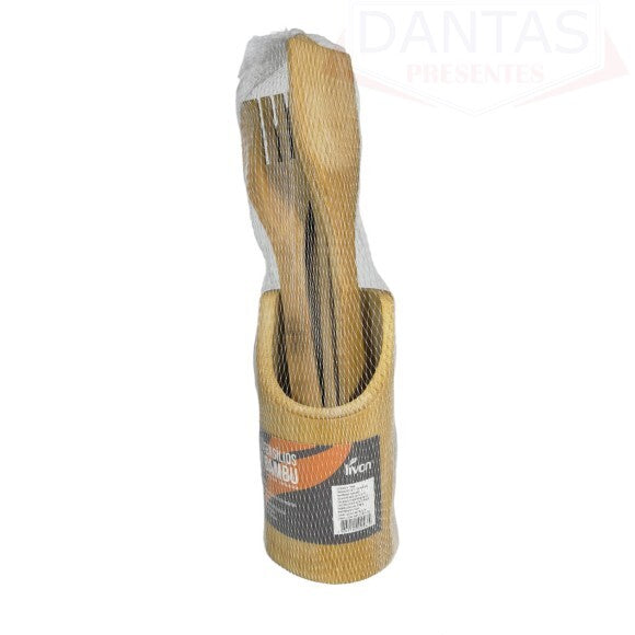 Kit Utensílios de Bambu 5pçs com Suporte