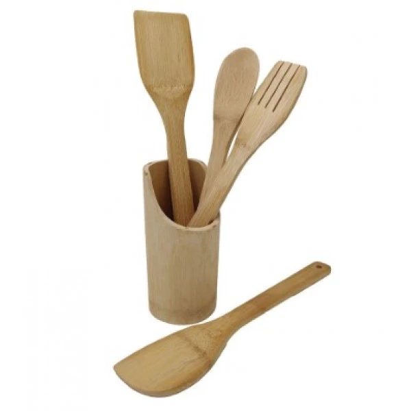 Kit Utensílios de Bambu 5pçs com Suporte