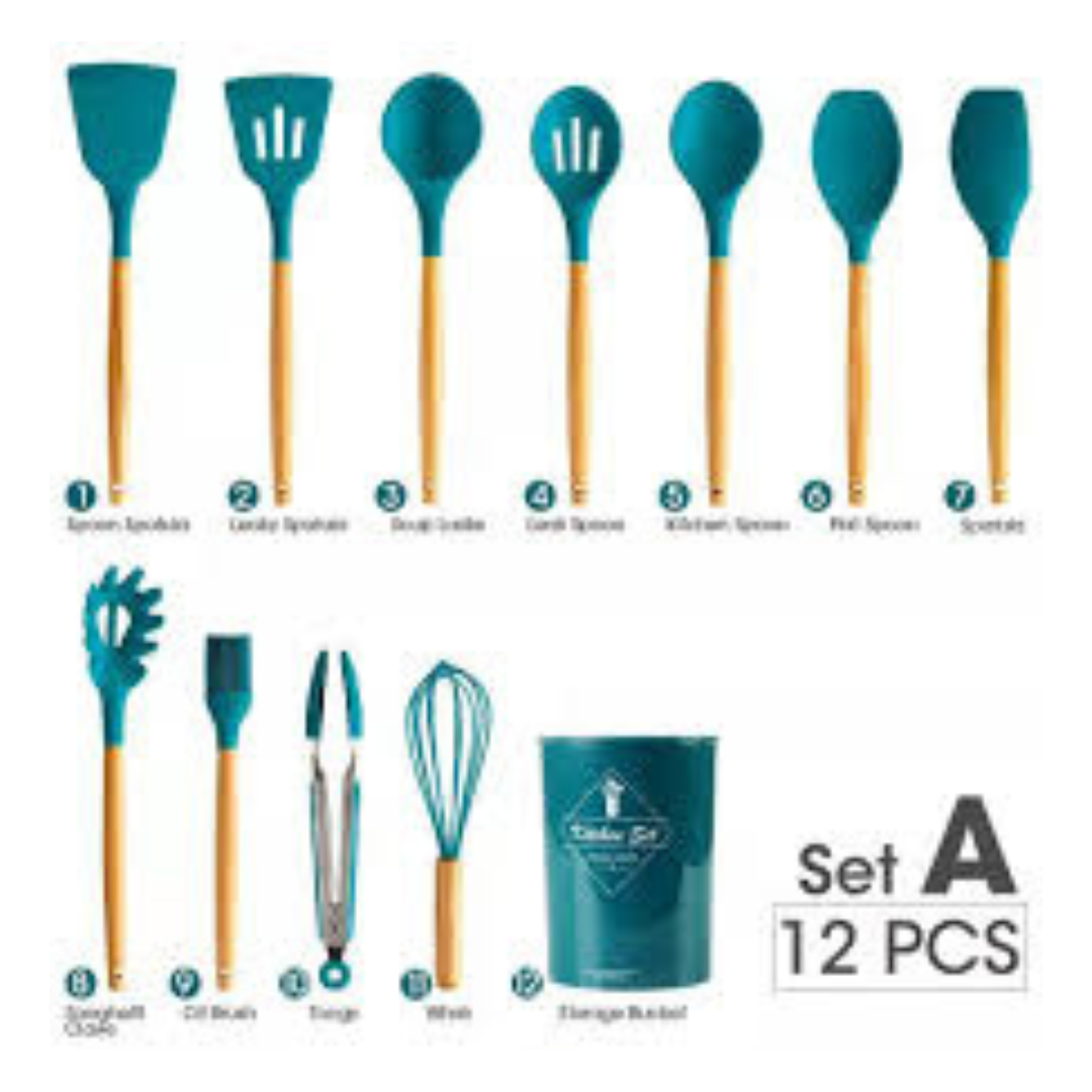 Conjunto de Utensílios de Cozinha 12Pçs - Silicone e Cabo de Madeira - Azul/ Madeira