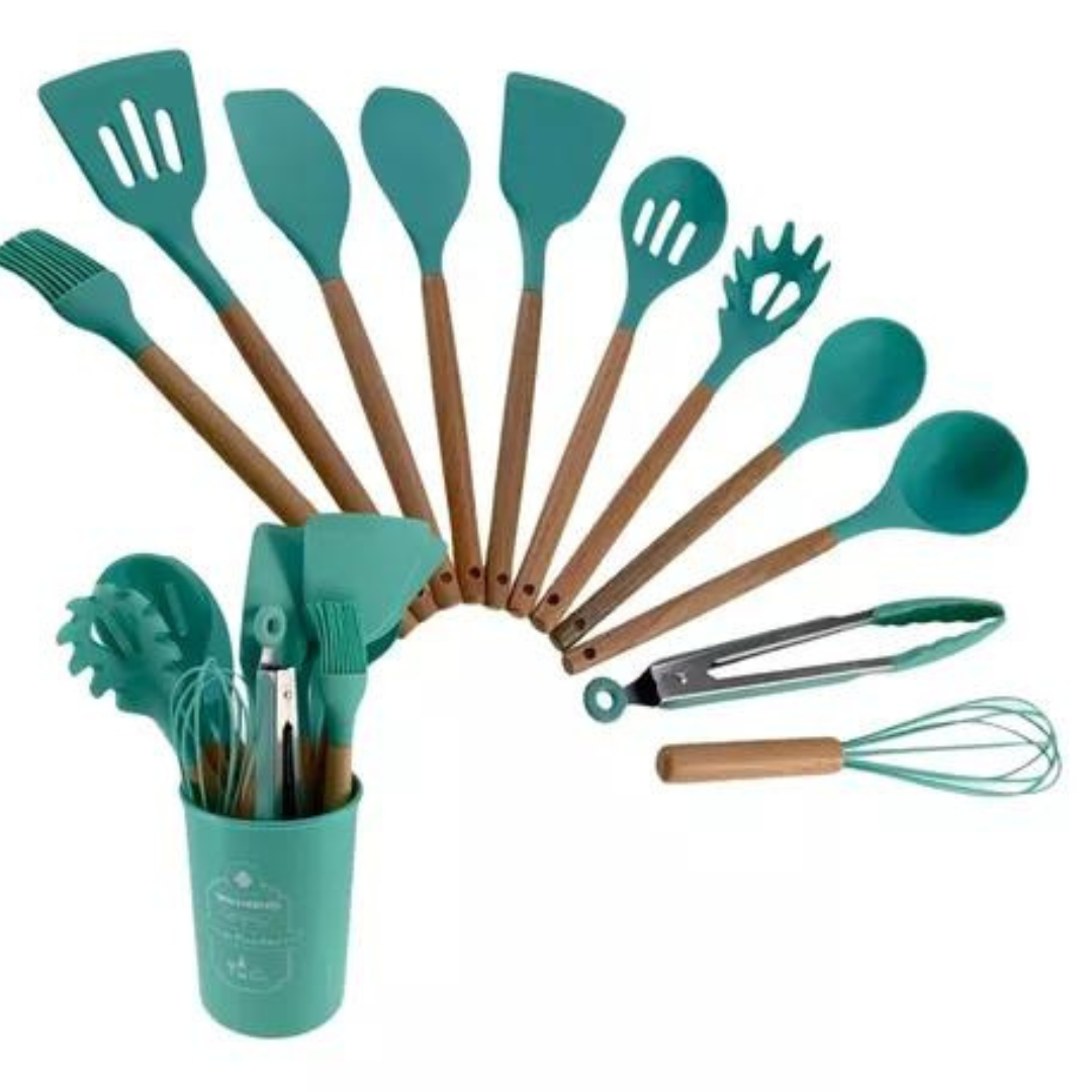 Conjunto de Utensílios de Cozinha 12Pçs - Silicone e Cabo de Madeira - Azul/ Madeira