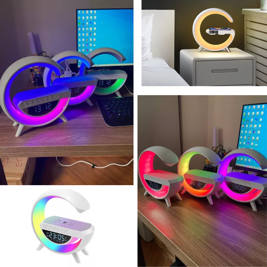 Smart Speaker 4 em 1 – Relógio, LED, Bluetooth e Indução