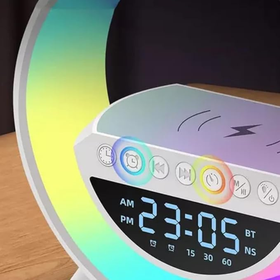 Smart Speaker 4 em 1 – Relógio, LED, Bluetooth e Indução