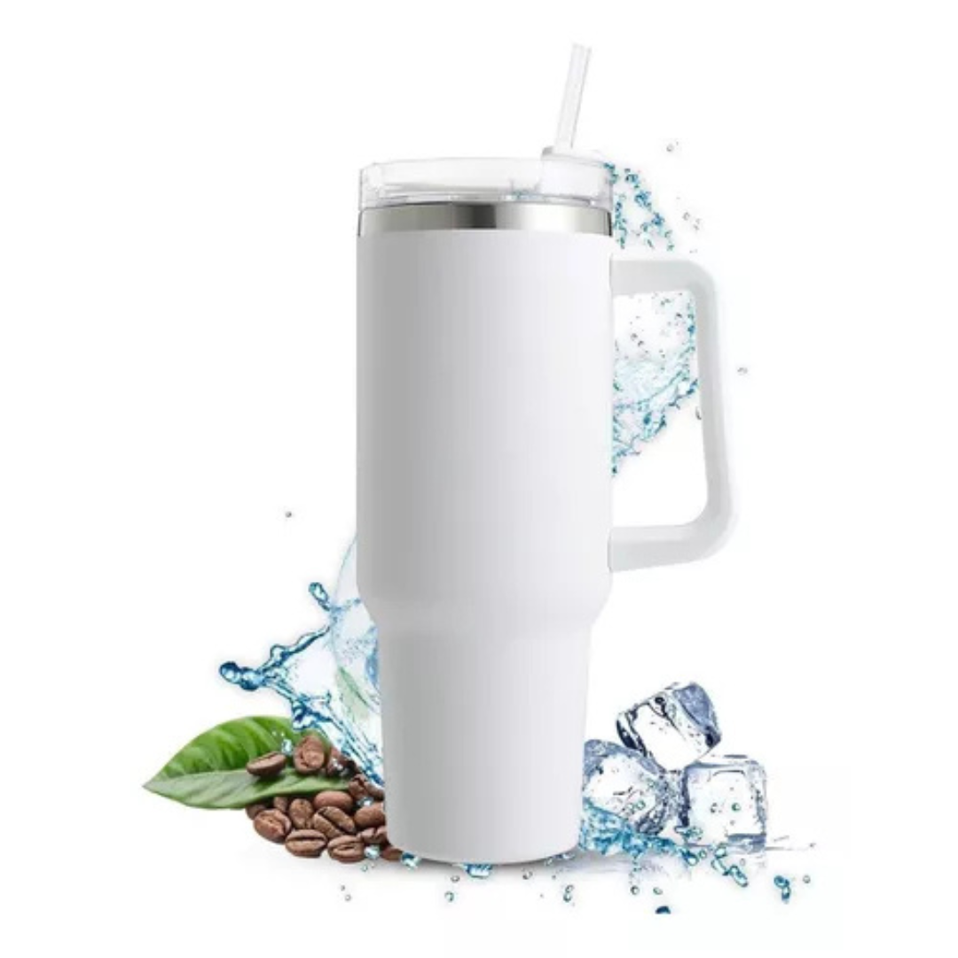 Copo Quencher Caneca Inox com Alça e Canudo (1200 ml) - Branco