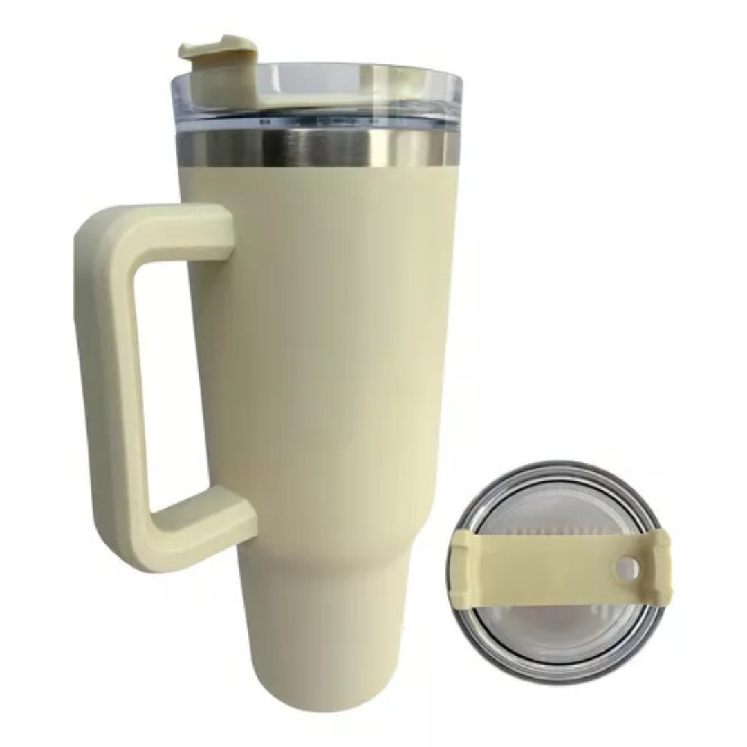 Copo Quencher Caneca Inox com Alça e Canudo (1200 ml) - Bege