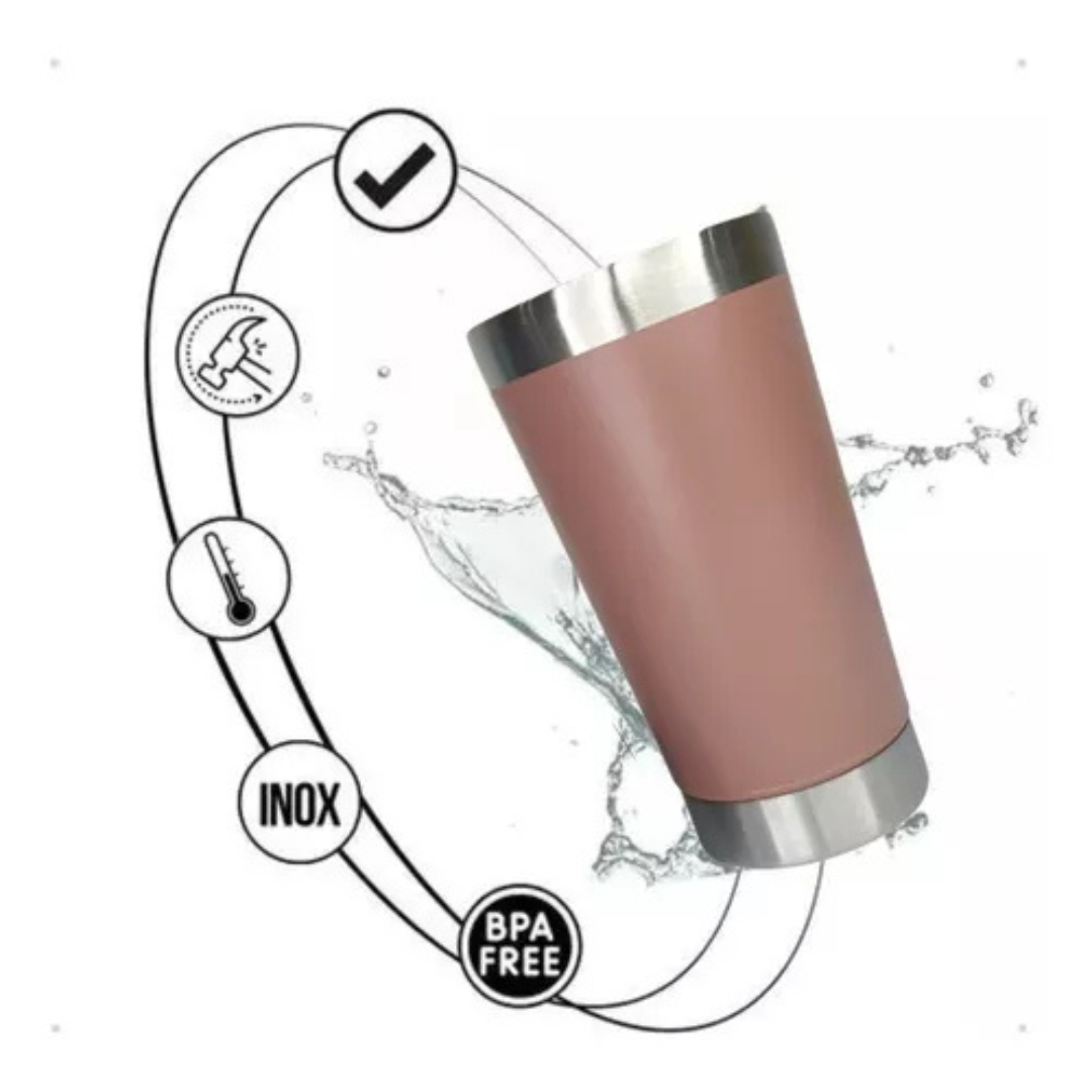 Copo Térmico Inox com Tampa e Abridor 473ml – Rosê