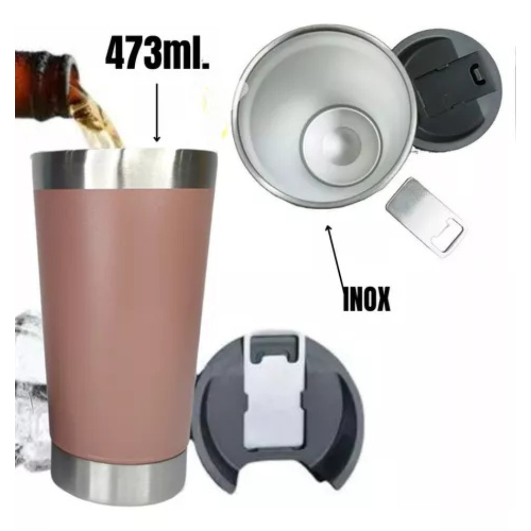 Copo Térmico Inox com Tampa e Abridor 473ml – Rosê