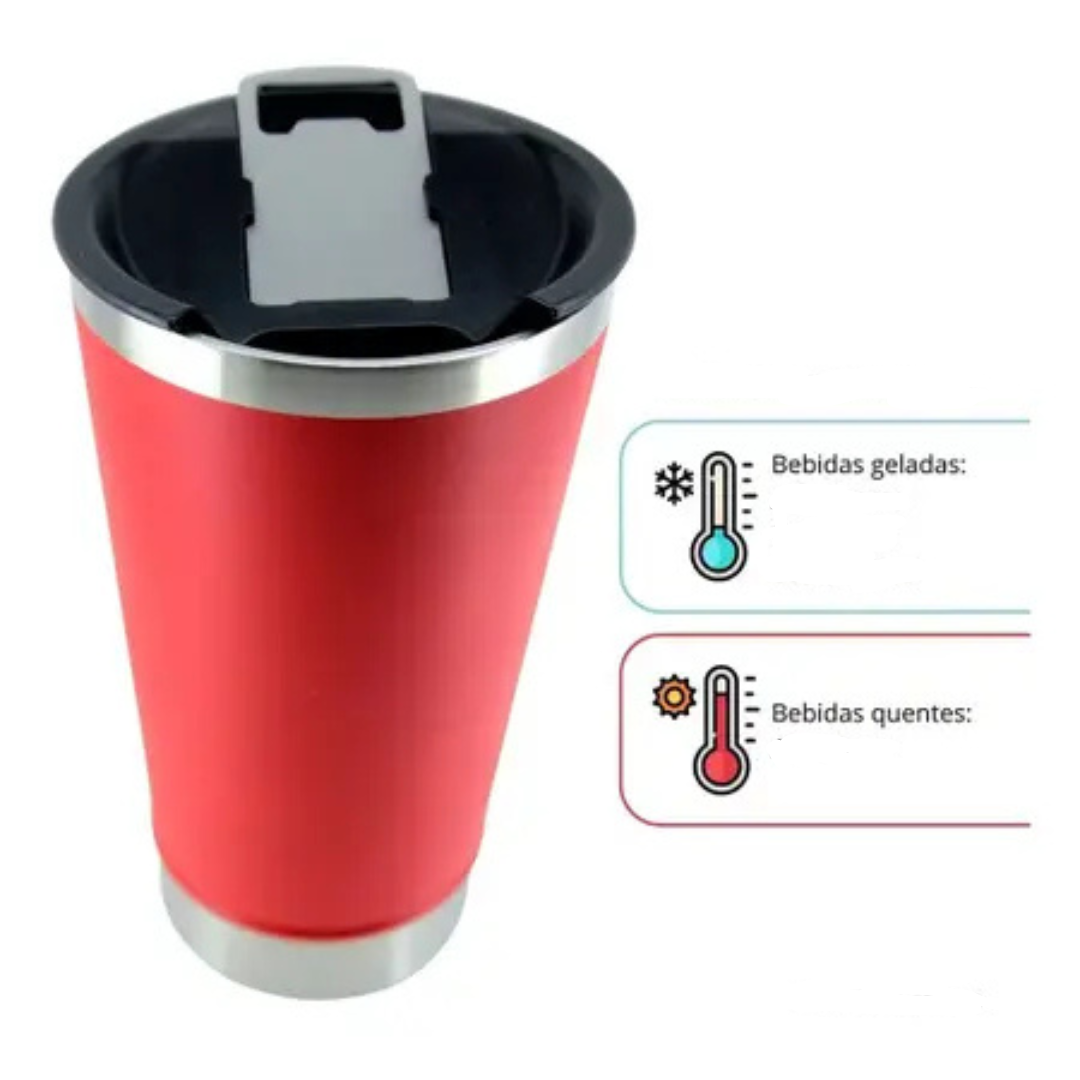 Copo Térmico Inox com TAMPA e ABRIDOR (473 ml) - Vermelho