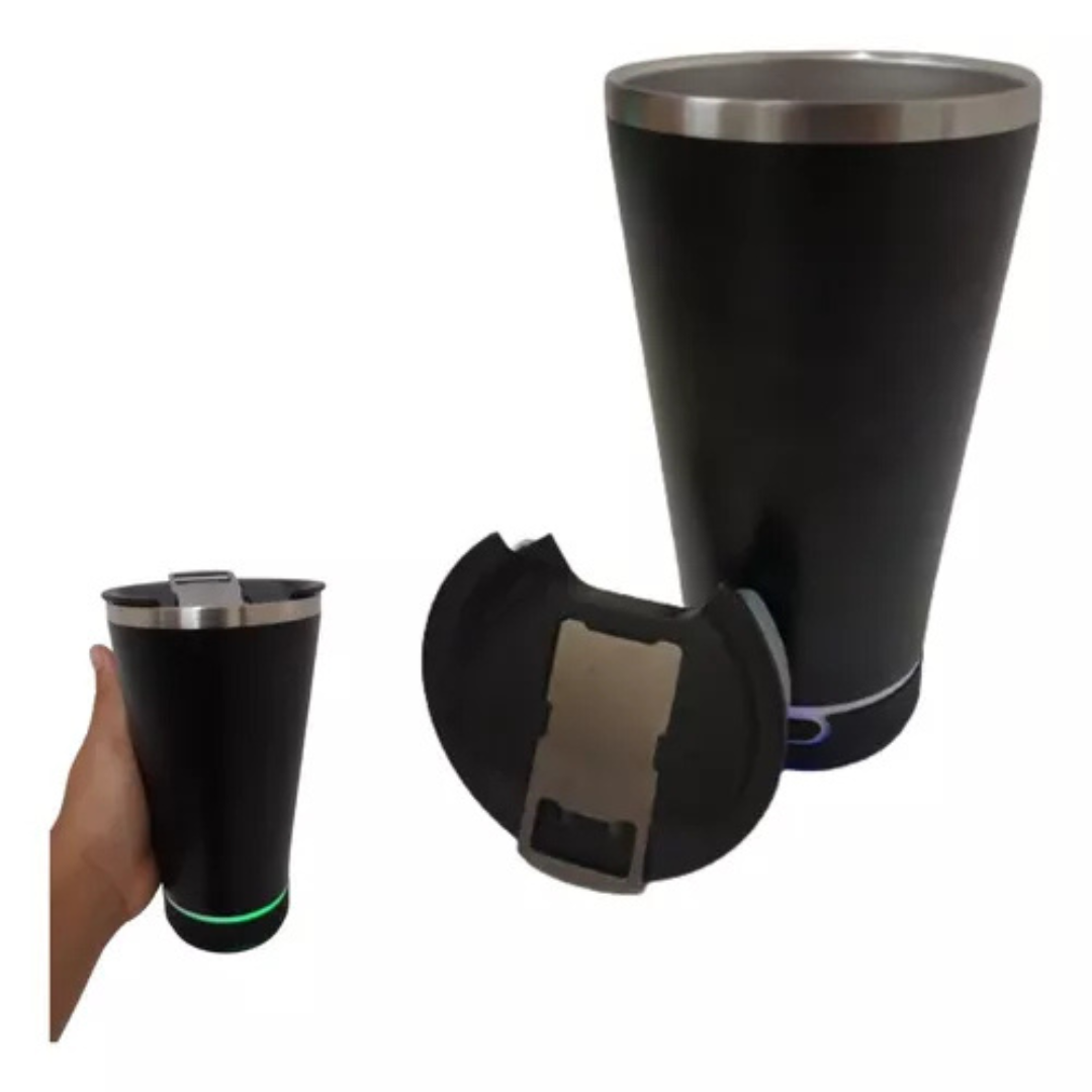 Copo Térmico Som Led e TAMPA com ABRIDOR (420 ml) - Preto