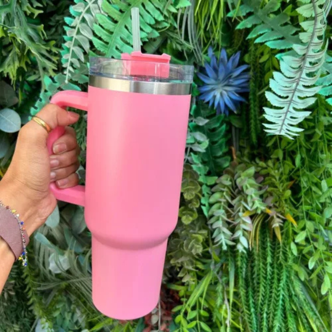 Copo Quencher Inox 1200ml com Alça e Canudo – Rosa