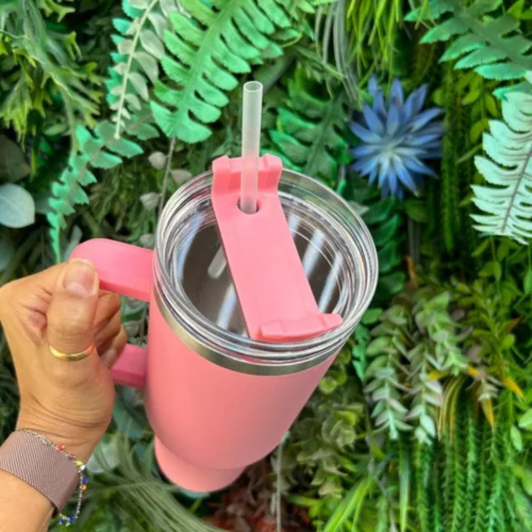Copo Quencher Inox 1200ml com Alça e Canudo – Rosa