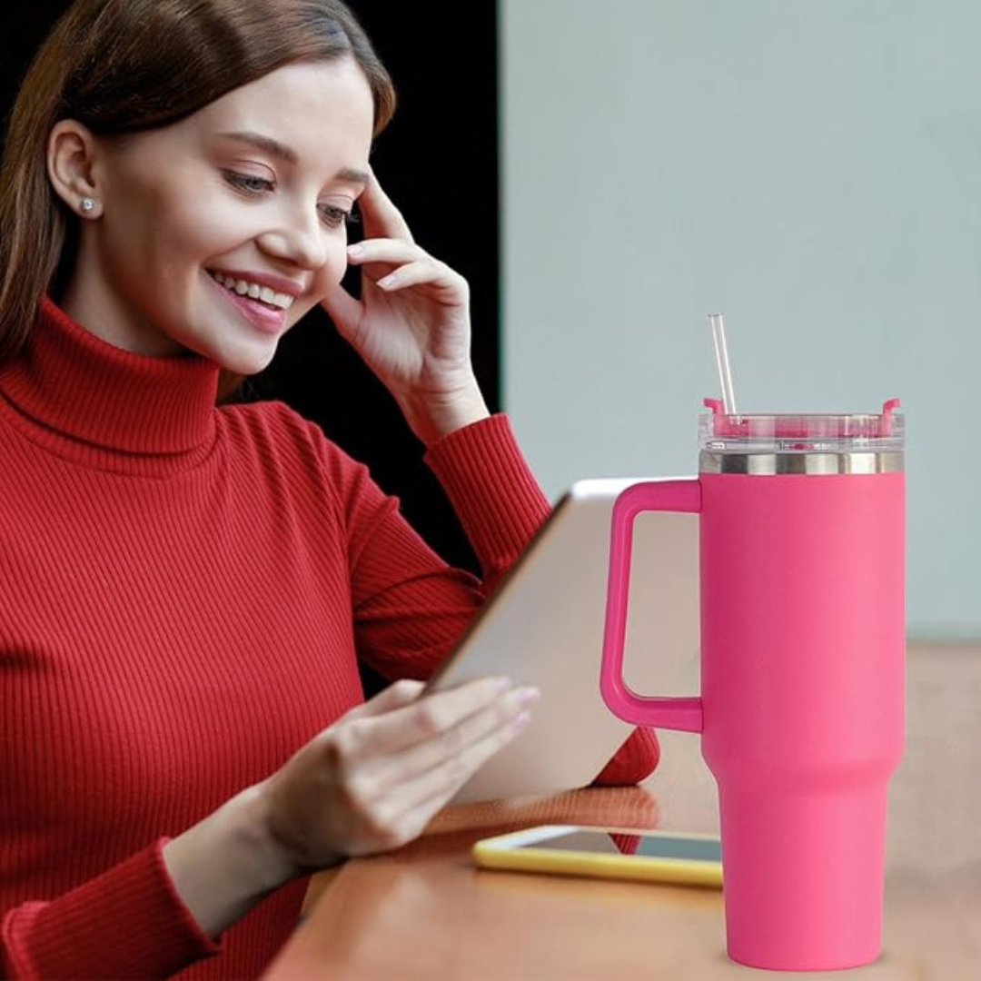 Copo Quencher Inox 1200ml com Alça e Canudo – Rosa