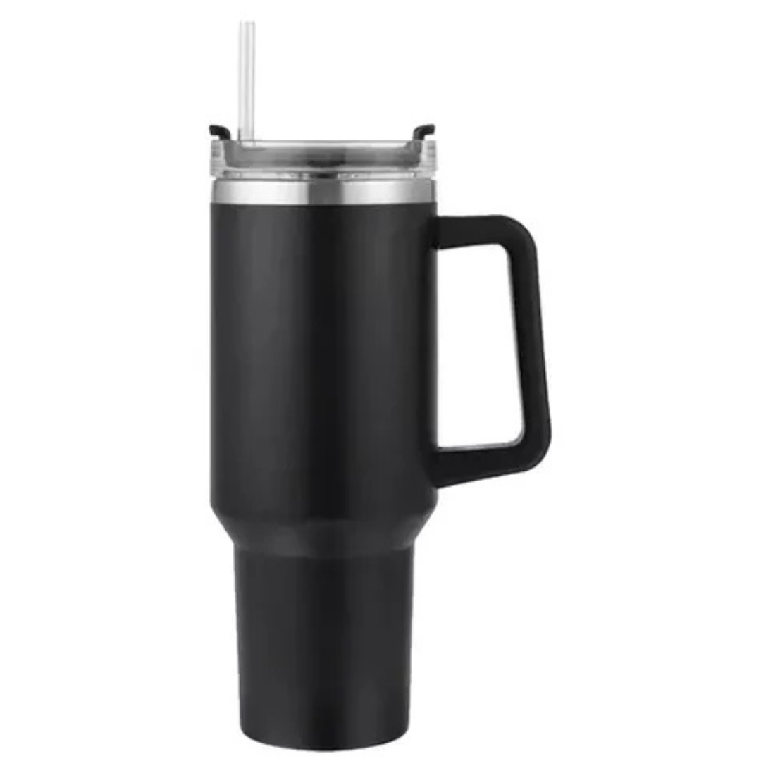 Copo Quencher Caneca Inox com Alça e Canudo (1200 ml) - Preto
