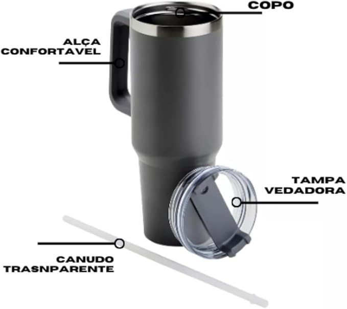 Copo Quencher Caneca Inox com Alça e Canudo (1200 ml) - Preto