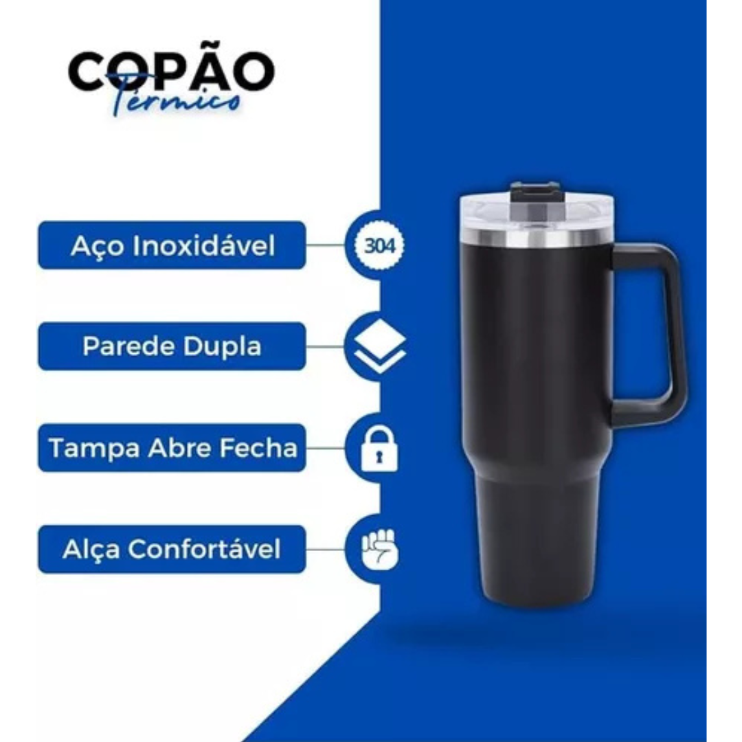 Copo Quencher Caneca Inox com Alça e Canudo (1200 ml) - Preto