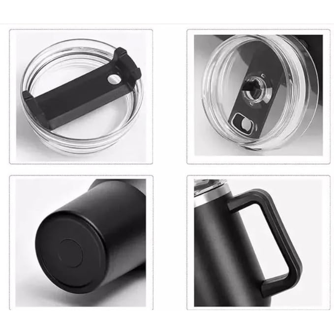 Copo Quencher Caneca Inox com Alça e Canudo (1200 ml) - Preto
