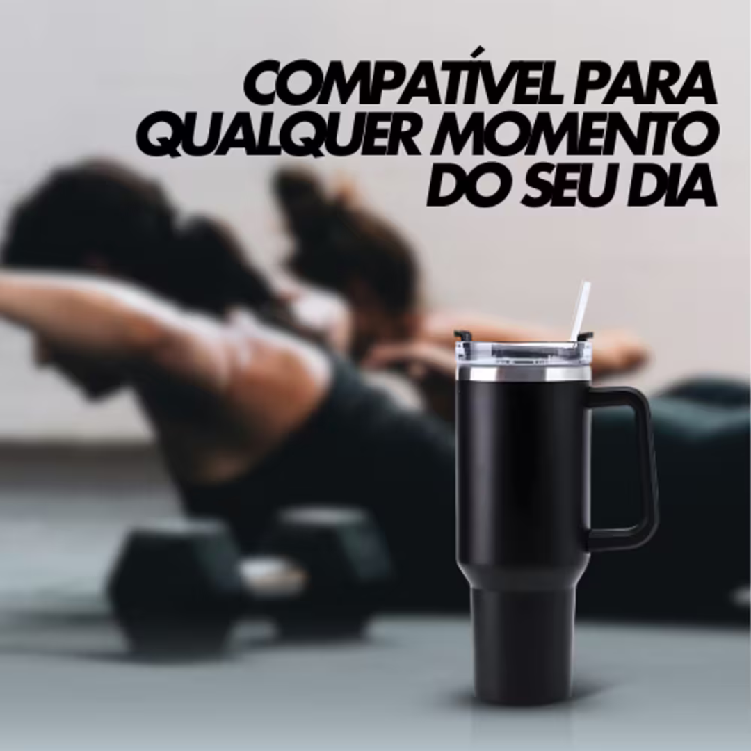 Copo Quencher Caneca Inox com Alça e Canudo (1200 ml) - Preto