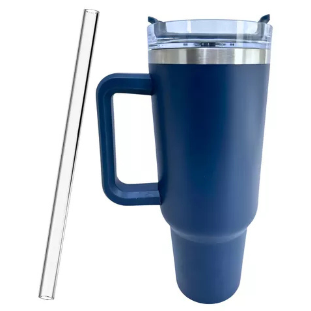 Copo Quencher Caneca Inox com Alça e Canudo (1200 ml) - Azul Marinho