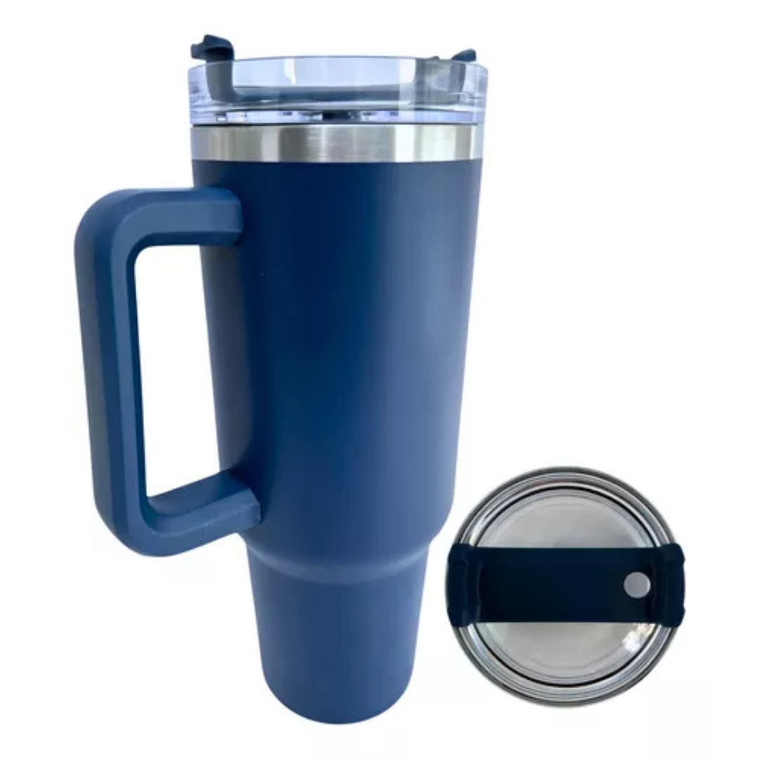 Copo Quencher Caneca Inox com Alça e Canudo (1200 ml) - Azul Marinho