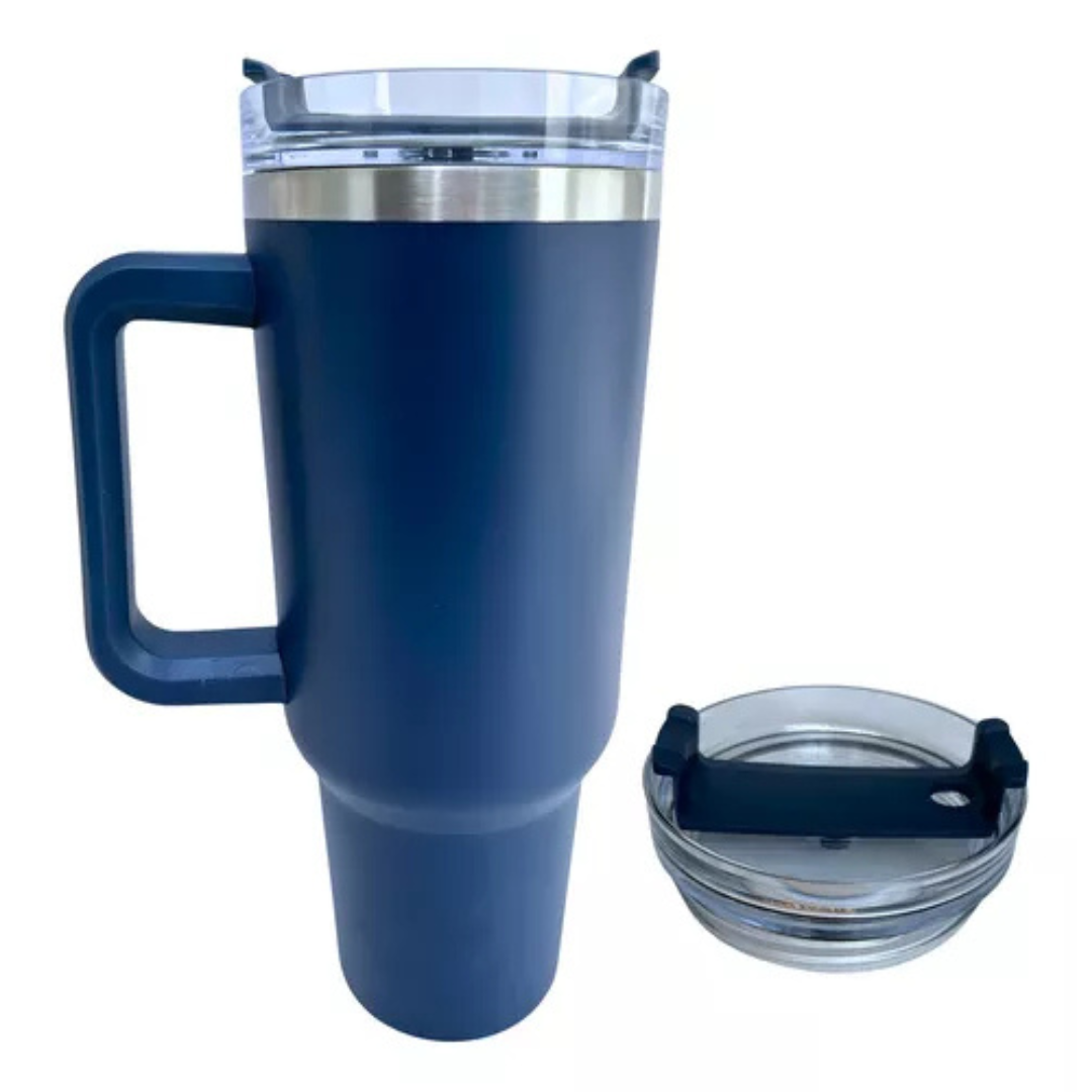 Copo Quencher Caneca Inox com Alça e Canudo (1200 ml) - Azul Marinho