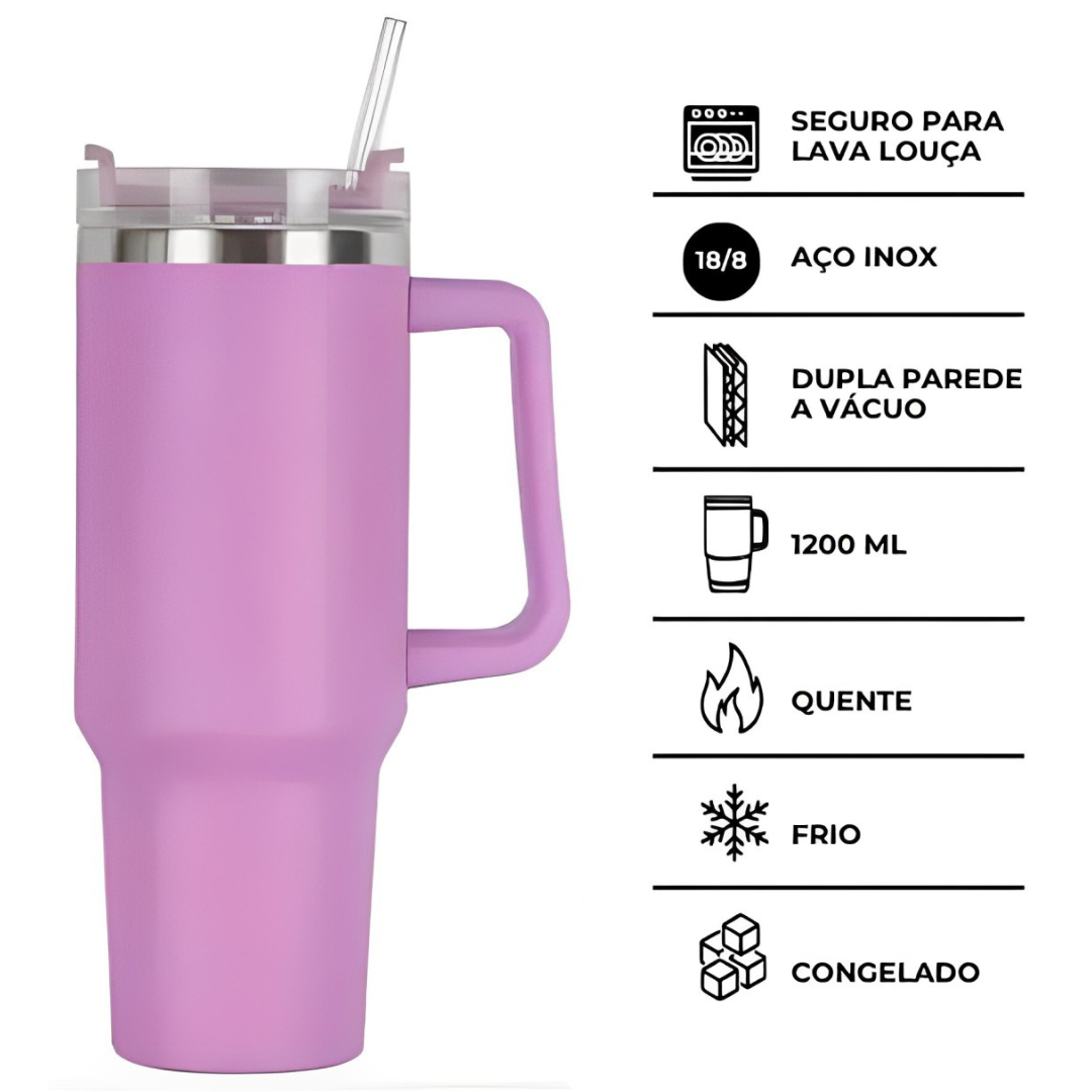 Copo Quencher Caneca Inox com Alça e Canudo (1200 ml) - Lilás
