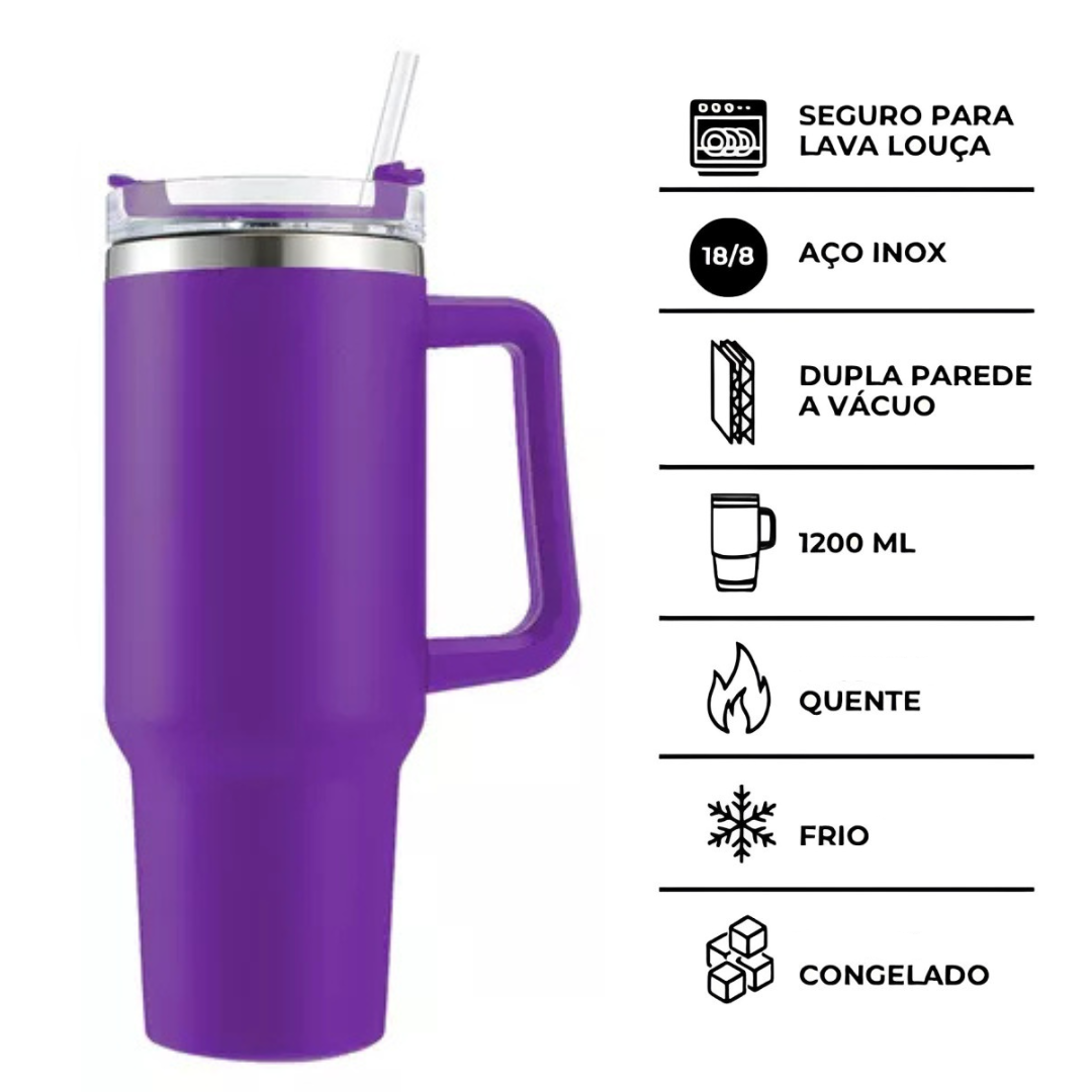 Copo Quencher Inox 1200ml com Alça e Canudo – Roxo