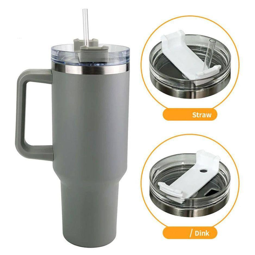 Copo Quencher Caneca Inox com Alça e Canudo (1200 ml) - Cinza