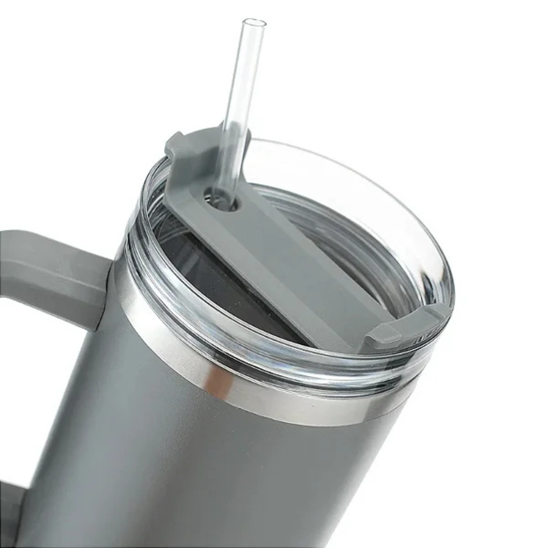 Copo Quencher Caneca Inox com Alça e Canudo (1200 ml) - Cinza