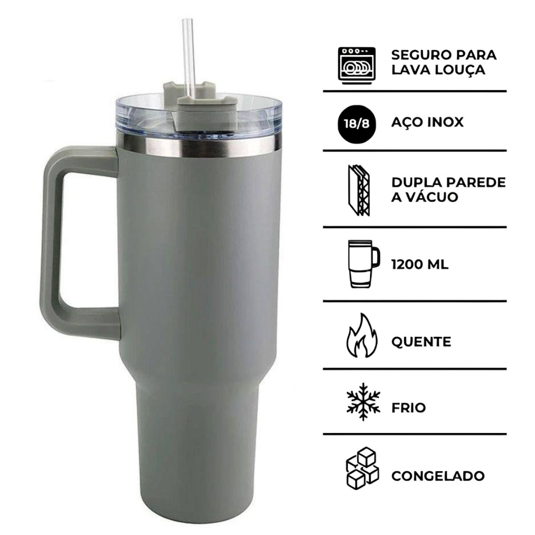 Copo Quencher Caneca Inox com Alça e Canudo (1200 ml) - Cinza