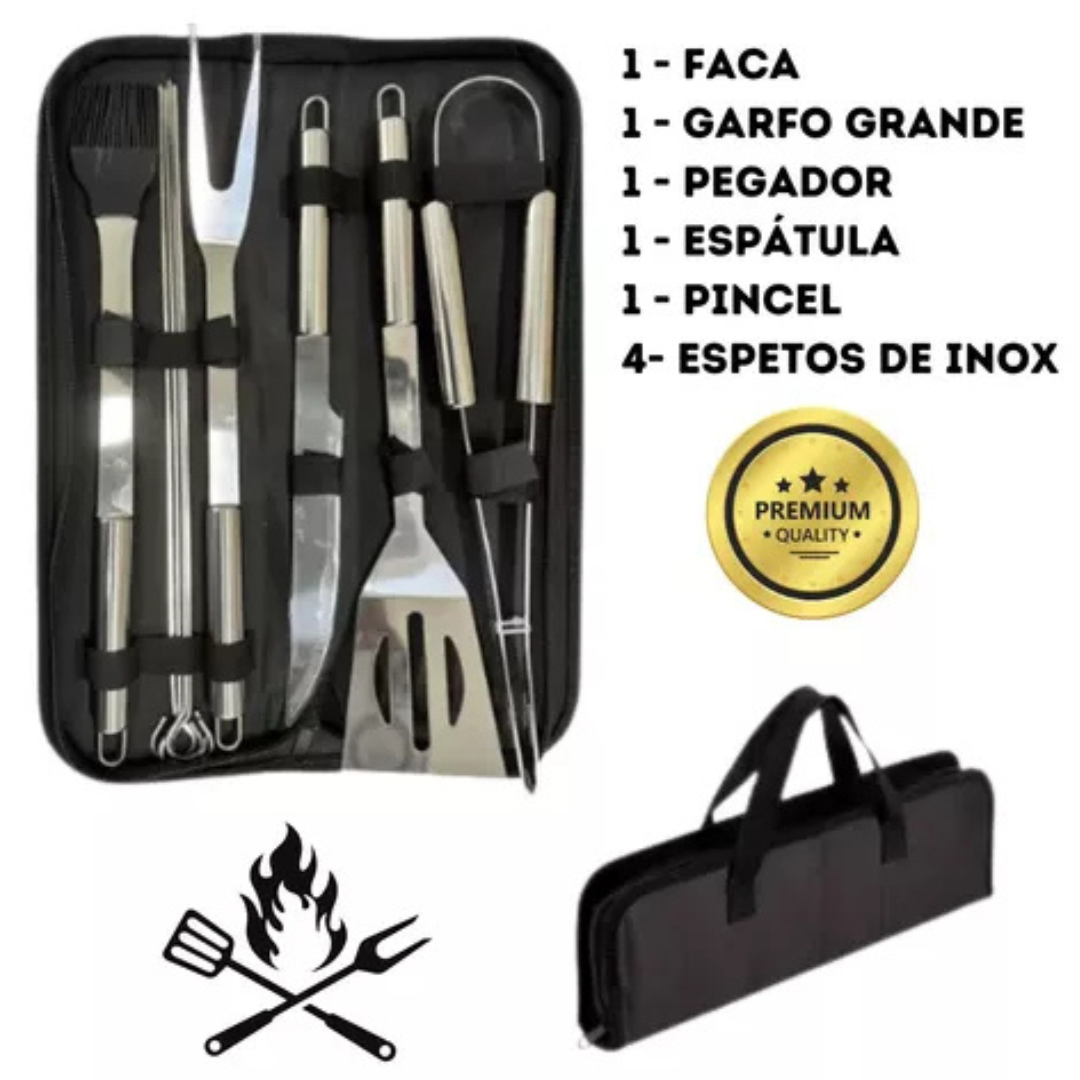 Kit Churrasco Luxo 9 Peças Inox com Maleta Profissional
