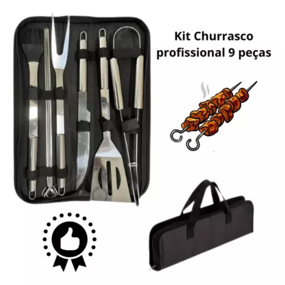 Kit Churrasco Luxo 9 Peças Inox com Maleta Profissional