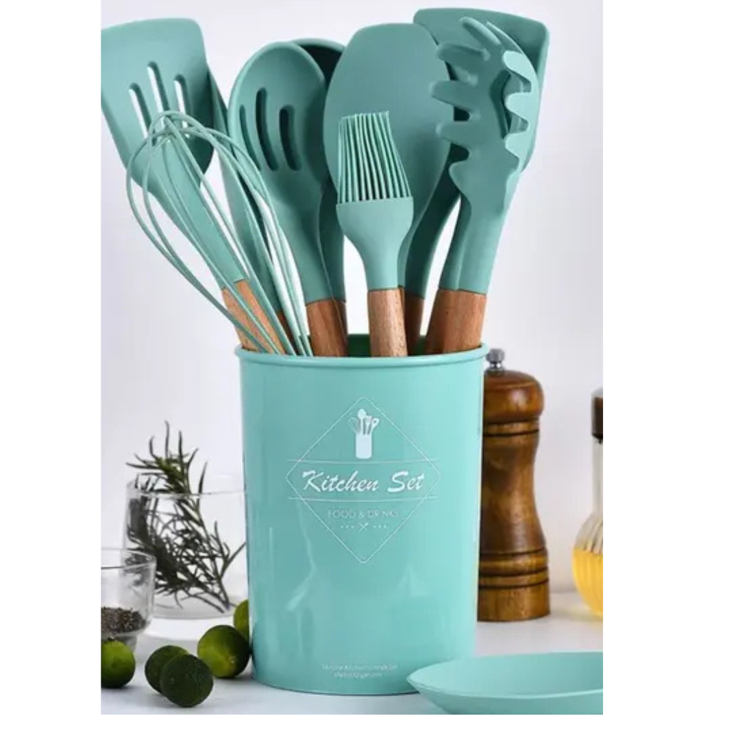Conjunto de Utensílios de Cozinha 12Pçs - Silicone e Cabo de Madeira - Azul/ Madeira