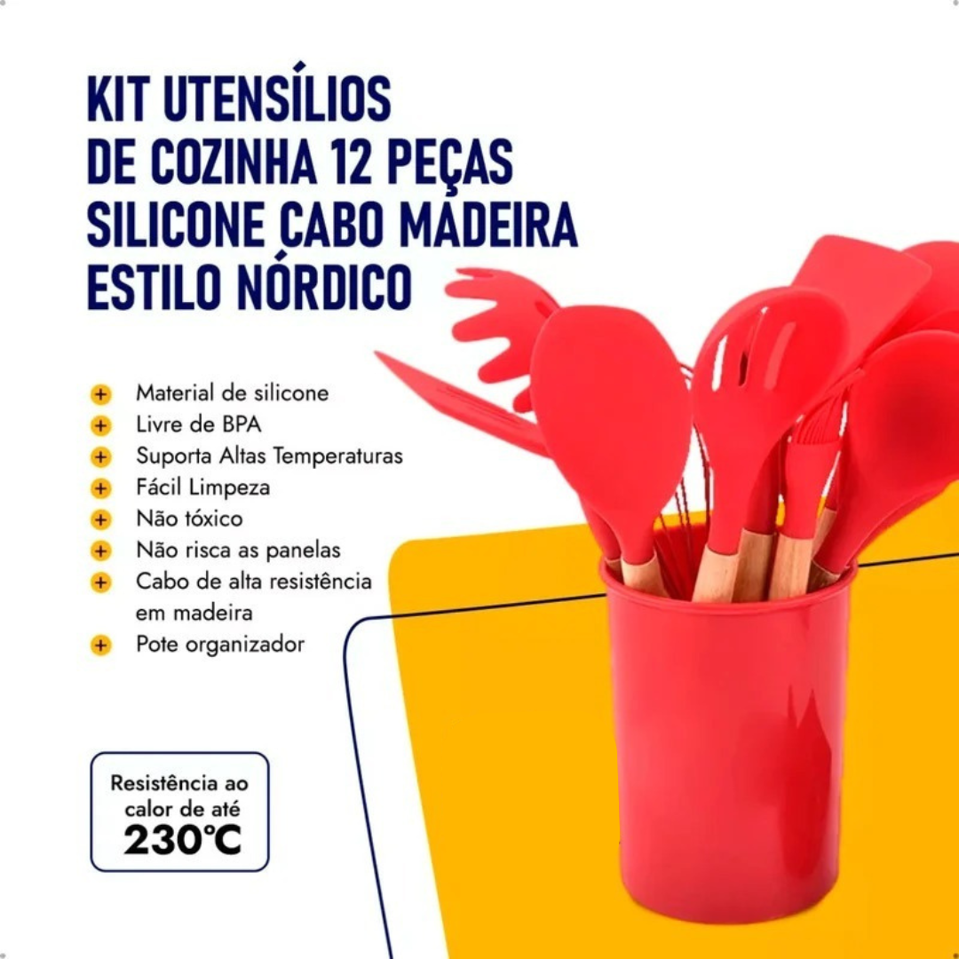Conjunto de Utensílios de Cozinha 12Pçs - Silicone e Cabo de Madeira - Vermelho / Madeira