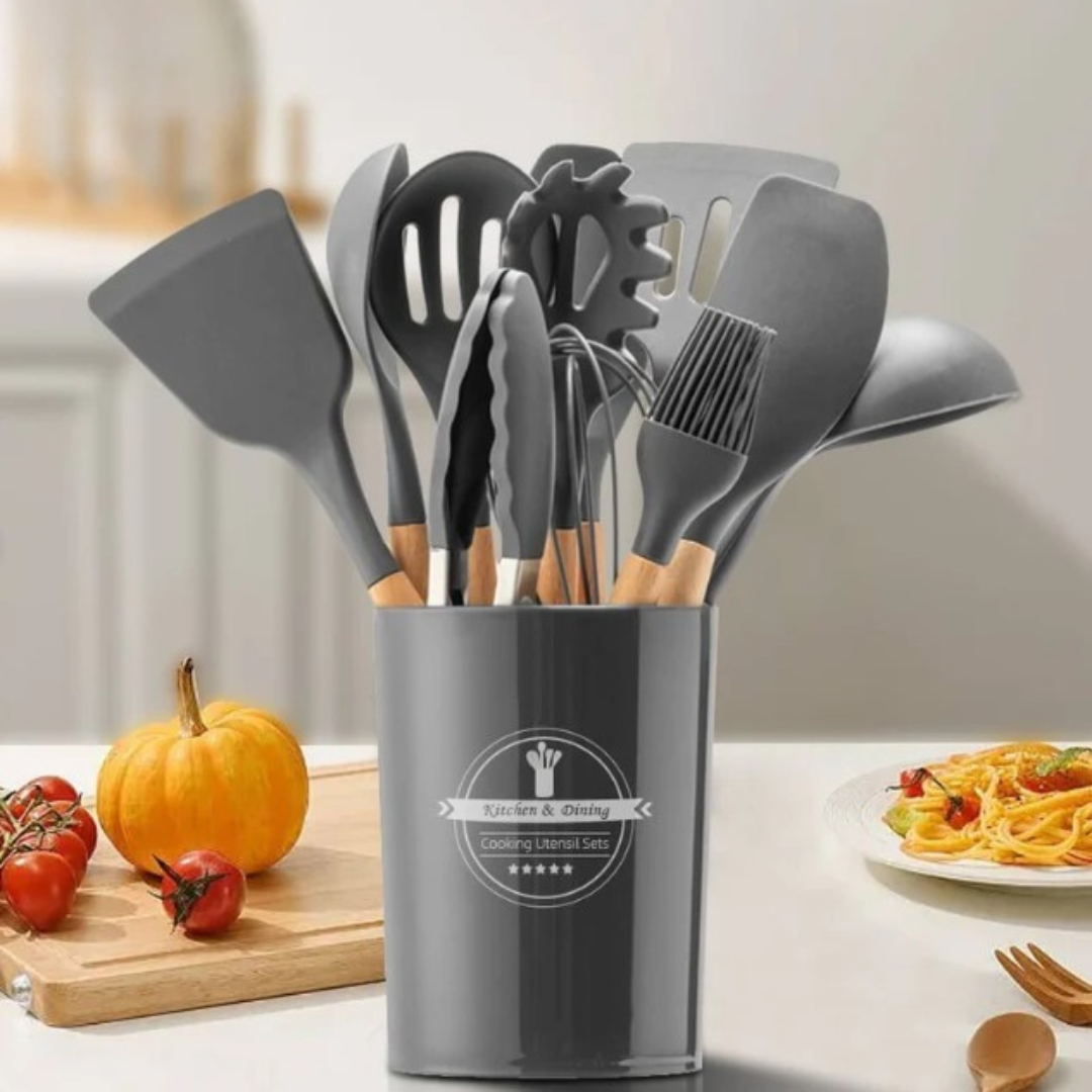 Conjunto de Utensílios de Cozinha 12Pçs - Silicone e Cabo de Madeira- Cinza/ Madeira