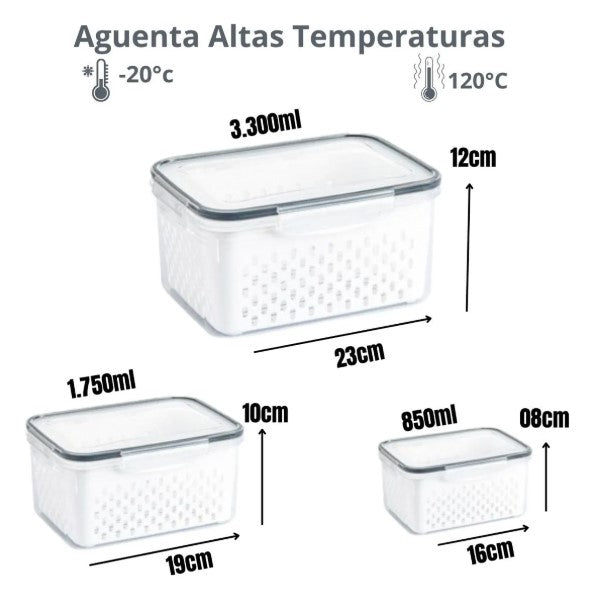 Organizador de Geladeira com 3 Potes Herméticos – Cestos Removíveis