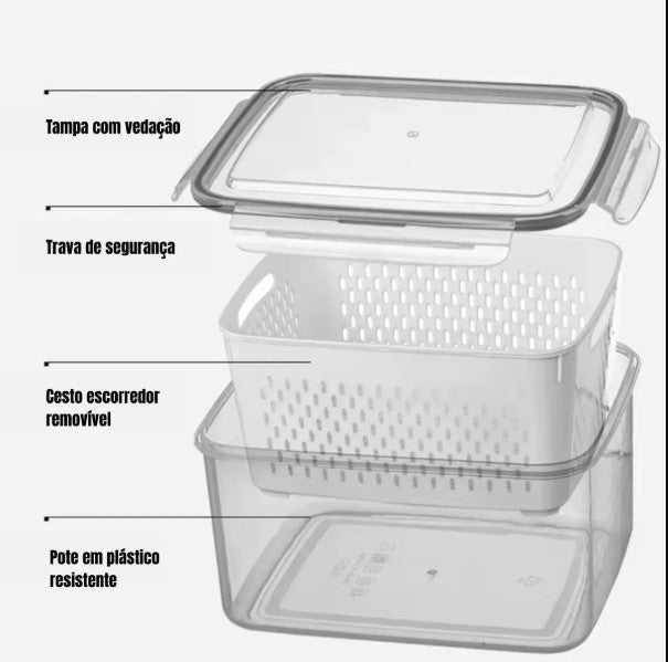 Organizador de Geladeira com 3 Potes Herméticos – Cestos Removíveis