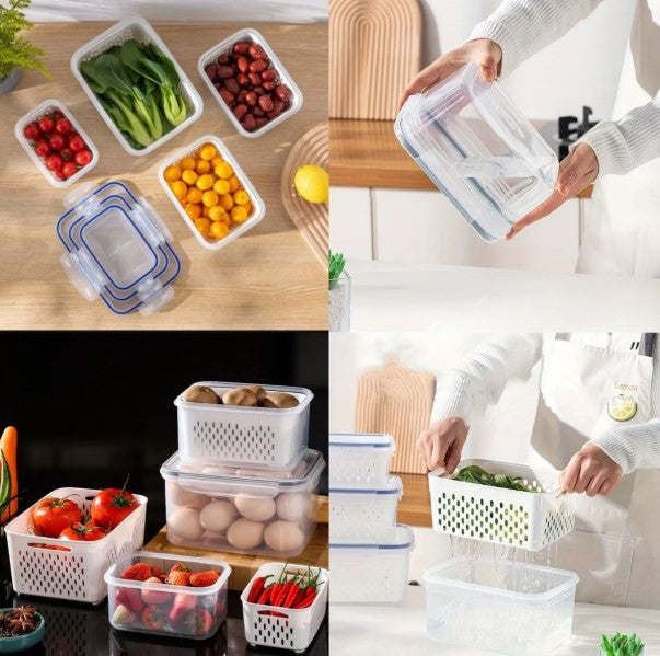 Organizador de Geladeira com 3 Potes Herméticos – Cestos Removíveis